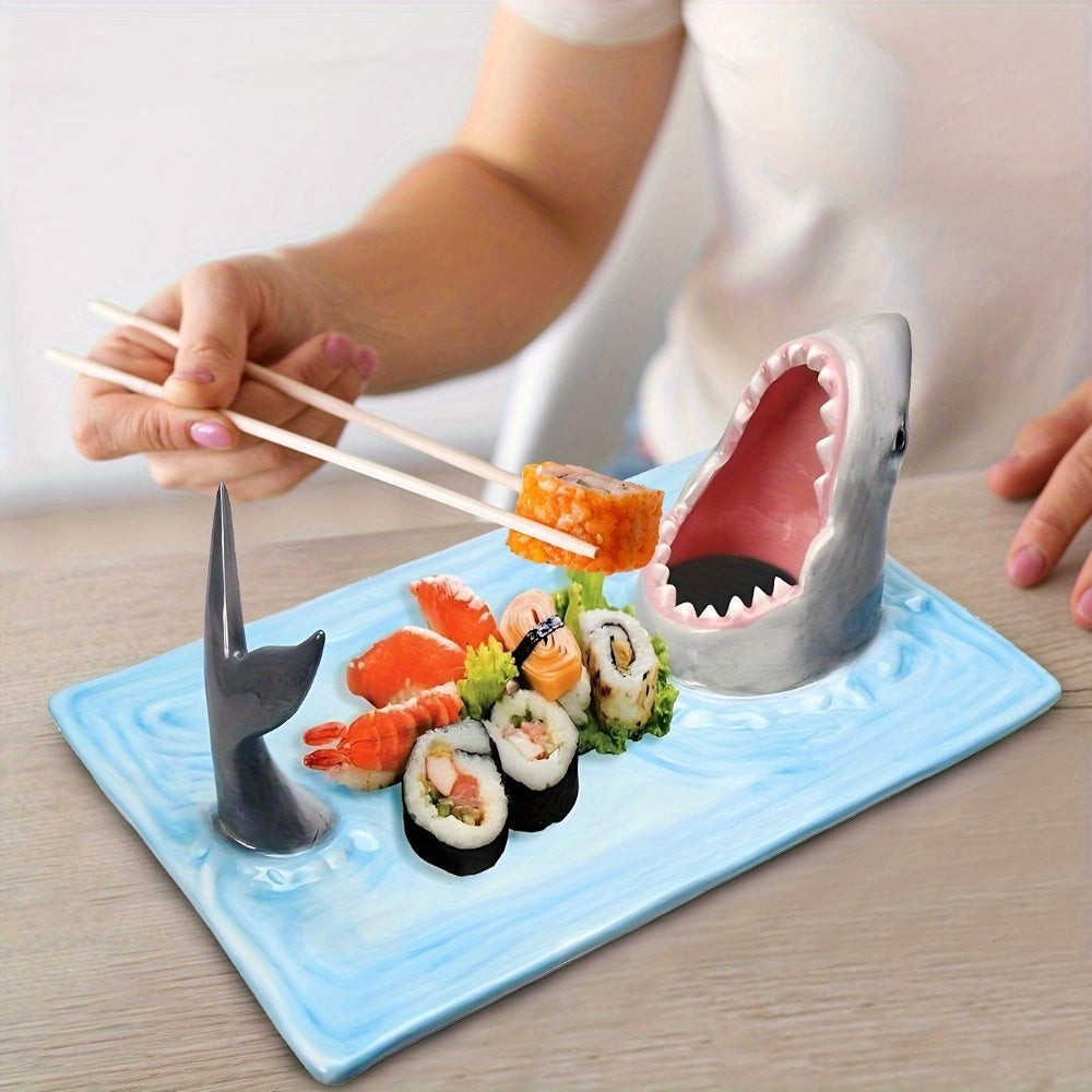 Shark Design Ceramic Sushi Platter - Artisan Hand-Painted, Safe for Food Use - Dishwasher, Microwave, and Oven Safe - Ideal for Any Occasion - Great Gift for Sushi Lovers