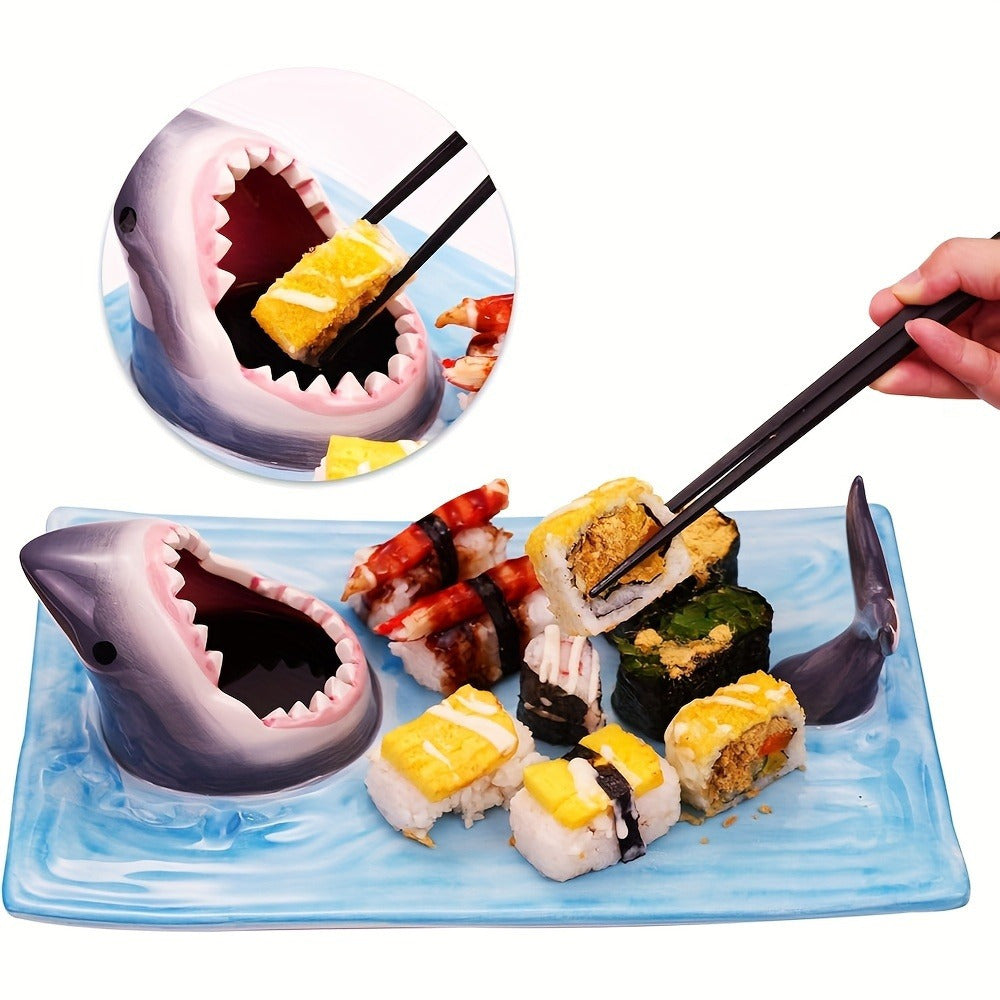 Shark Design Ceramic Sushi Platter - Artisan Hand-Painted, Safe for Food Use - Dishwasher, Microwave, and Oven Safe - Ideal for Any Occasion - Great Gift for Sushi Lovers