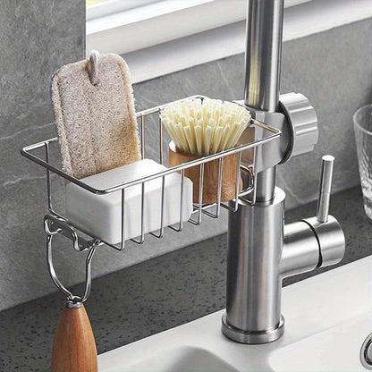 A high storage organizer featuring a stainless steel kitchen sink rack, an adjustable faucet sponge rack, and a metal bowl cloth rack.