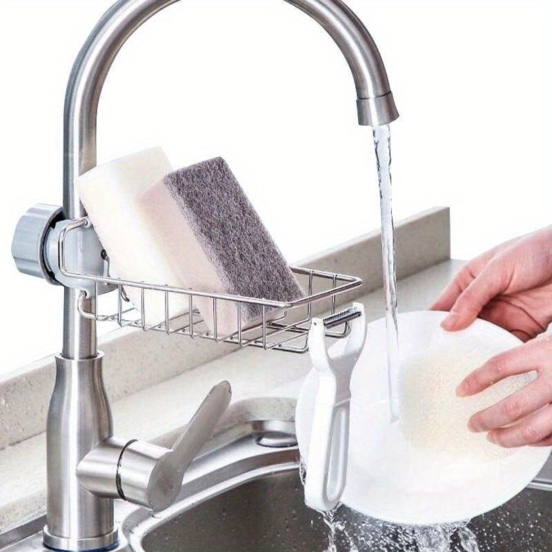 A high storage organizer featuring a stainless steel kitchen sink rack, an adjustable faucet sponge rack, and a metal bowl cloth rack.