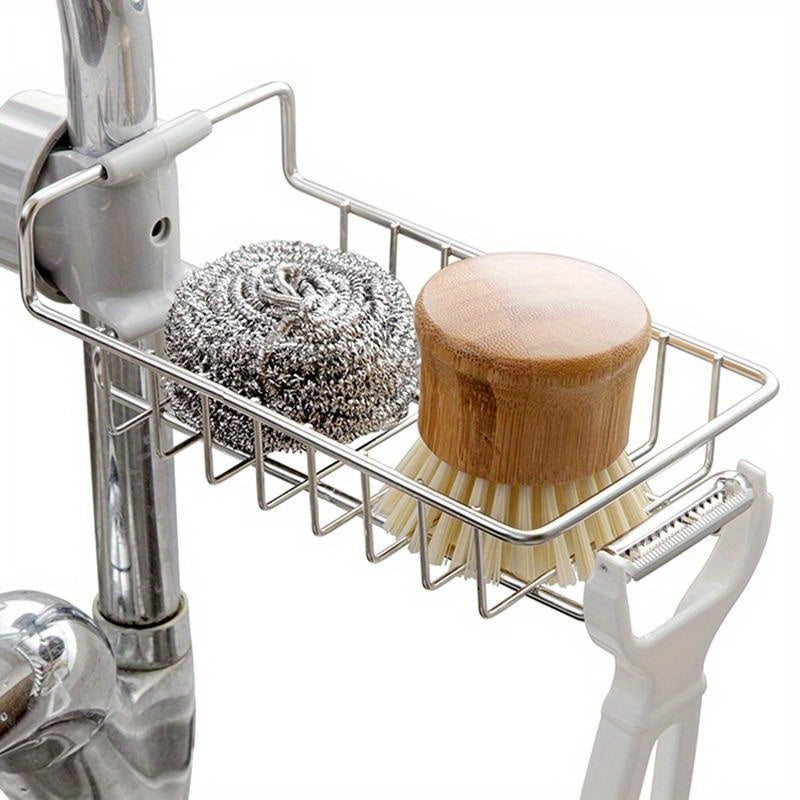 A high storage organizer featuring a stainless steel kitchen sink rack, an adjustable faucet sponge rack, and a metal bowl cloth rack.