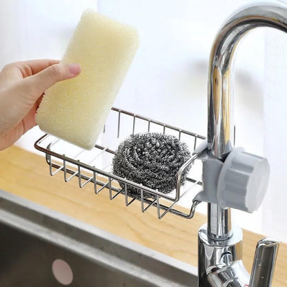 A high storage organizer featuring a stainless steel kitchen sink rack, an adjustable faucet sponge rack, and a metal bowl cloth rack.