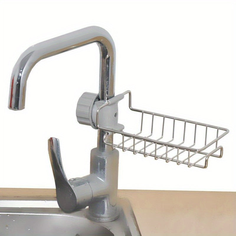 A high storage organizer featuring a stainless steel kitchen sink rack, an adjustable faucet sponge rack, and a metal bowl cloth rack.