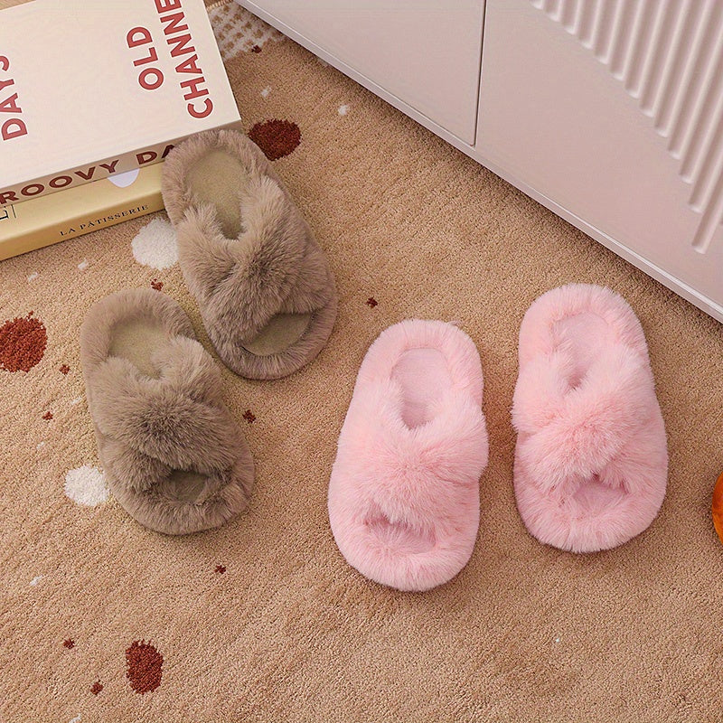 Unisex faux fur slippers with PVC sole, round toe, tasseled honey style for daily wear, suitable for 14 and under.