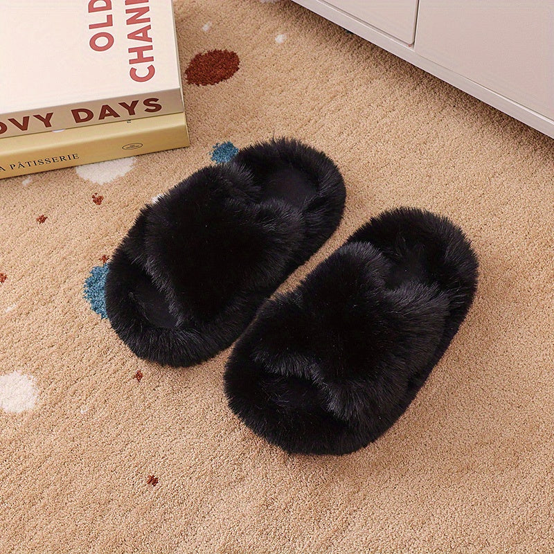 Unisex faux fur slippers with PVC sole, round toe, tasseled honey style for daily wear, suitable for 14 and under.