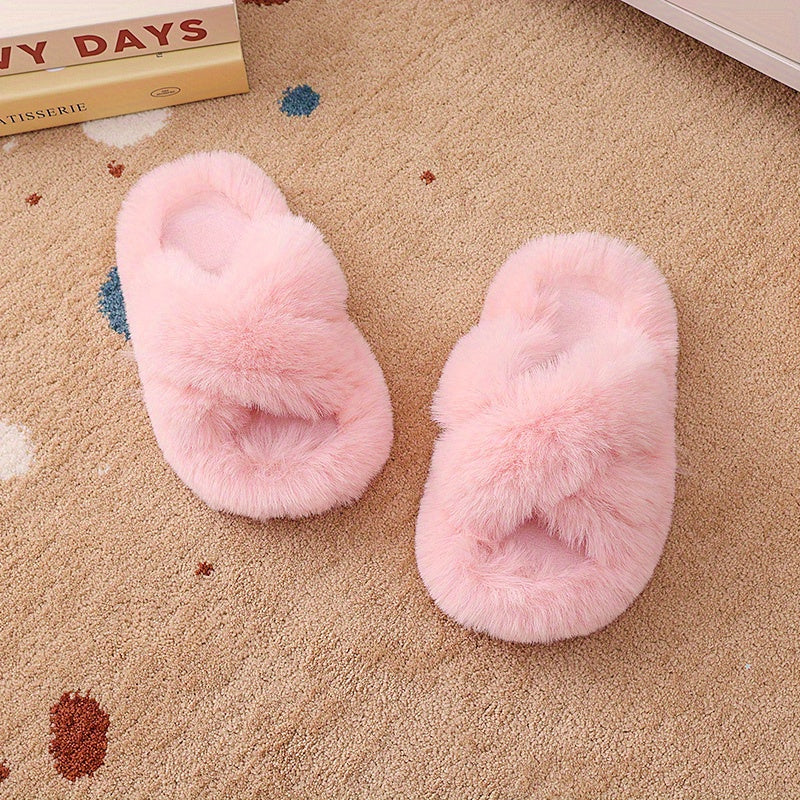 Unisex faux fur slippers with PVC sole, round toe, tasseled honey style for daily wear, suitable for 14 and under.