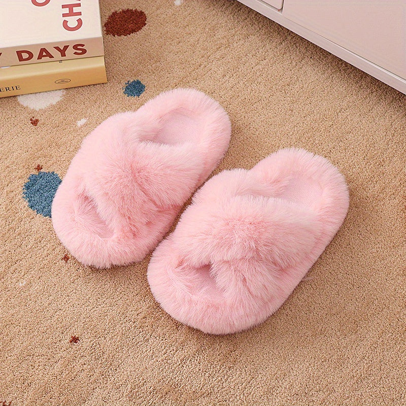 Unisex faux fur slippers with PVC sole, round toe, tasseled honey style for daily wear, suitable for 14 and under.