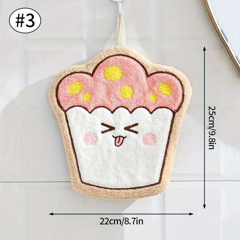 1pc Cute Cartoon Food Hand Towel - Soft Coral Fleece Bathroom Towel - Absorbent Kitchen Cloth - Cheese, Bread, Cookie, Cupcake Designs