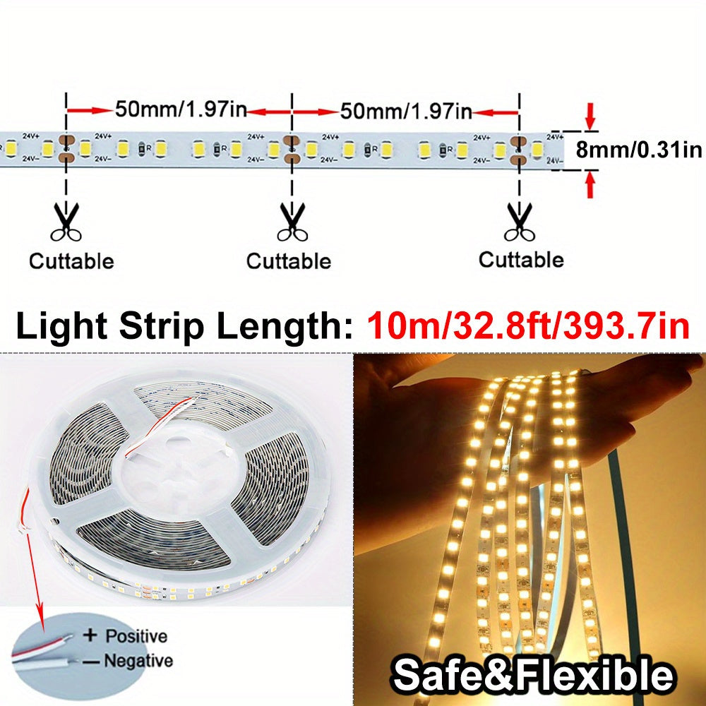 10.0m Flexible LED Strip Lights - 120 Beads/M, Strong Adhesive, Safe & Easy Install for Home Decor - Ideal for Living Room, Bedroom, Kitchen, Study, 24V, Bare Board, Ceiling Decoration