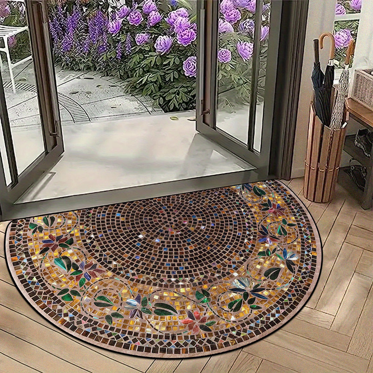 Introducing the Bohemian Mandala Semi-Circle Door Mat, available in a set of 1 or 2 pieces. This mat is made of soft, non-slip, and durable material with strong water absorption capabilities, making it easy to clean. Perfect for outdoor use, camping, and