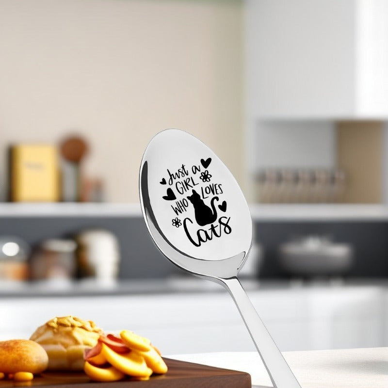 Engraved stainless steel coffee spoon for cat lovers - ideal for Valentine's Day or back-to-school gift.