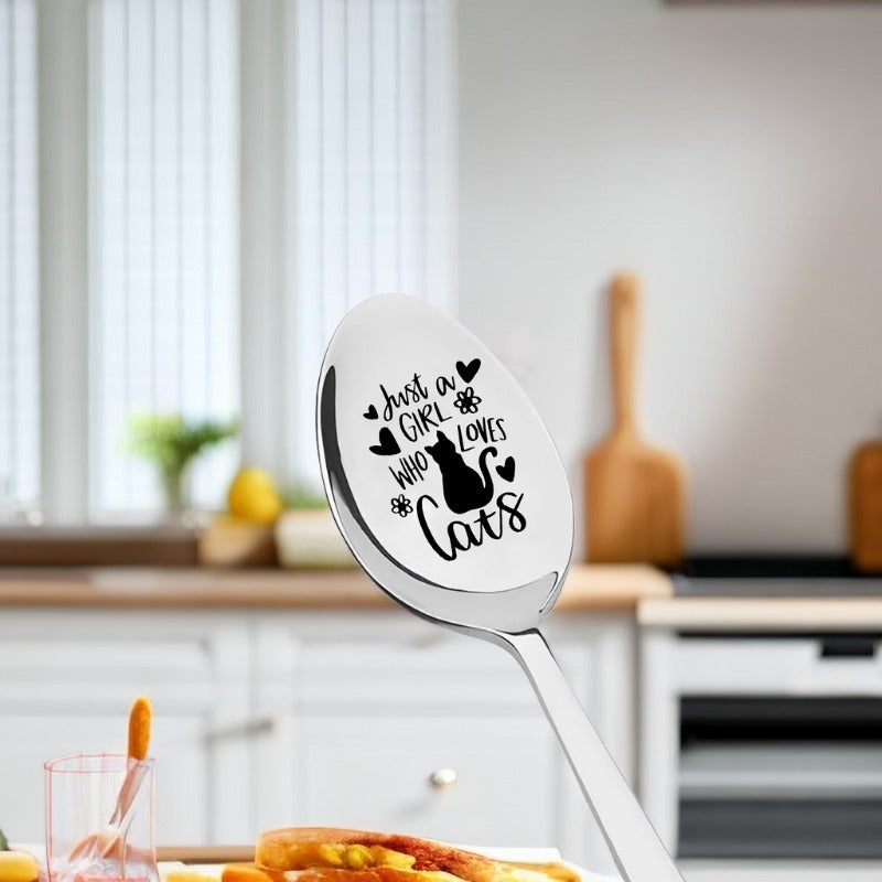 Engraved stainless steel coffee spoon for cat lovers - ideal for Valentine's Day or back-to-school gift.