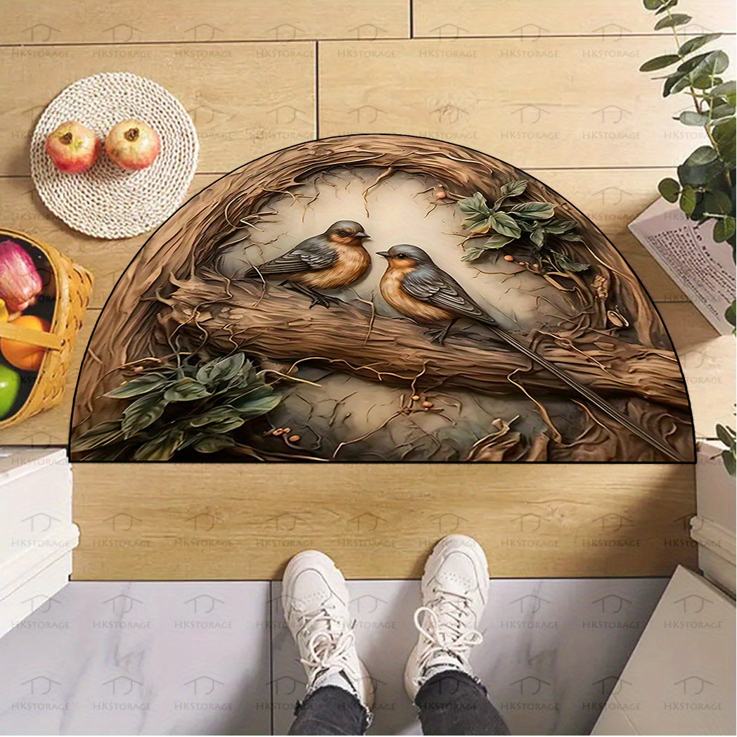 Semi-Circular Bird and Branch Pattern Doormat with Non-Slip Rubber Backing, Durable Polyester Material. Machine Washable with 0.8cm Thick Crystal Velvet, Suitable for Indoor/Outdoor Use. Great for Entryway, Living Room, Kitchen, or as a Door Mat.