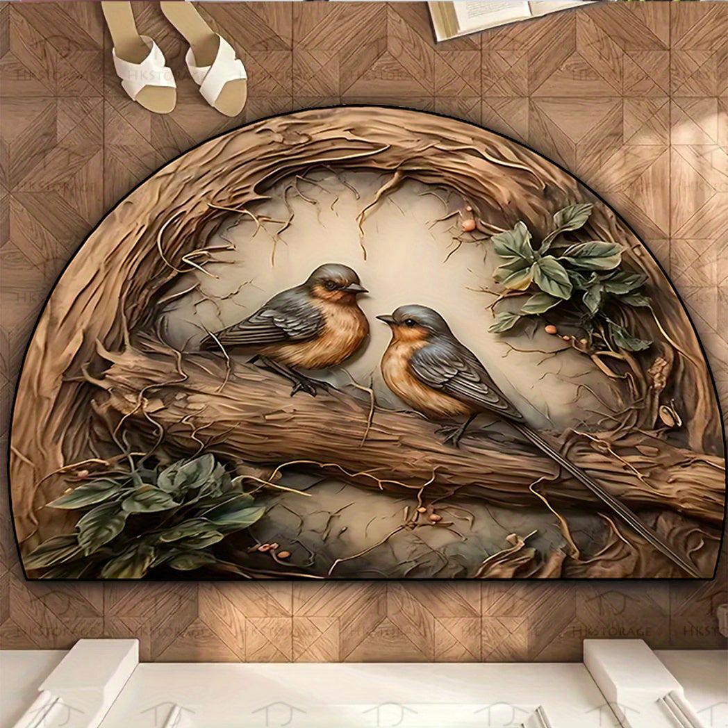 Semi-Circular Bird and Branch Pattern Doormat with Non-Slip Rubber Backing, Durable Polyester Material. Machine Washable with 0.8cm Thick Crystal Velvet, Suitable for Indoor/Outdoor Use. Great for Entryway, Living Room, Kitchen, or as a Door Mat.