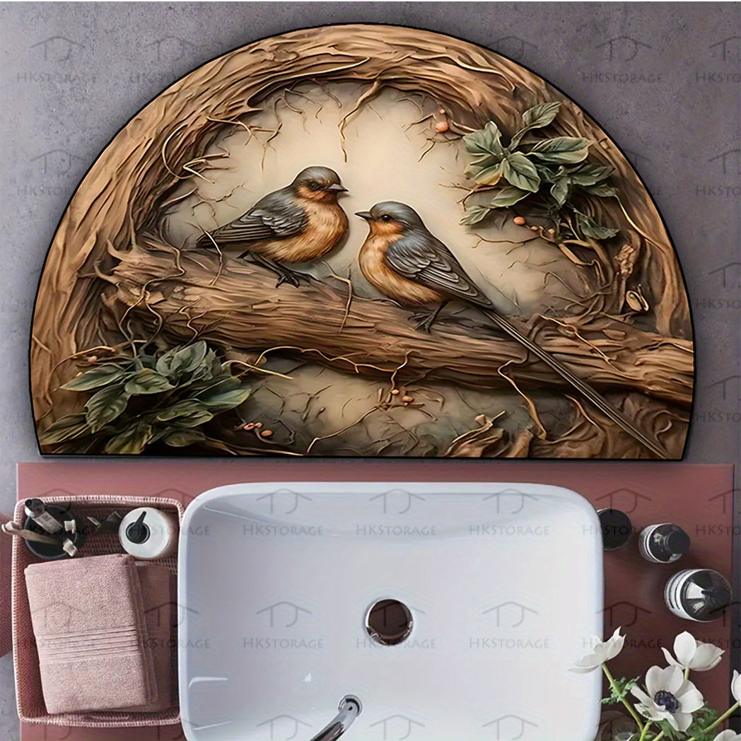 Semi-Circular Bird and Branch Pattern Doormat with Non-Slip Rubber Backing, Durable Polyester Material. Machine Washable with 0.8cm Thick Crystal Velvet, Suitable for Indoor/Outdoor Use. Great for Entryway, Living Room, Kitchen, or as a Door Mat.