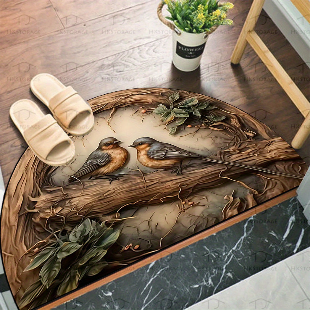 Semi-Circular Bird and Branch Pattern Doormat with Non-Slip Rubber Backing, Durable Polyester Material. Machine Washable with 0.8cm Thick Crystal Velvet, Suitable for Indoor/Outdoor Use. Great for Entryway, Living Room, Kitchen, or as a Door Mat.