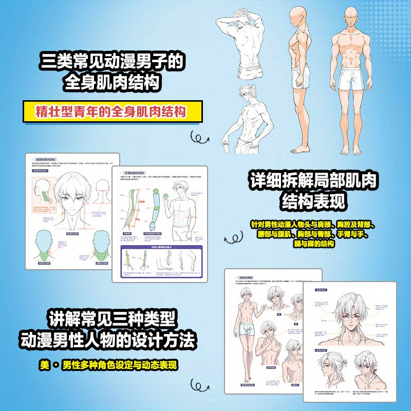 Chinese guide on drawing male anime figures, focusing on body structure, dynamic analysis, and character design.