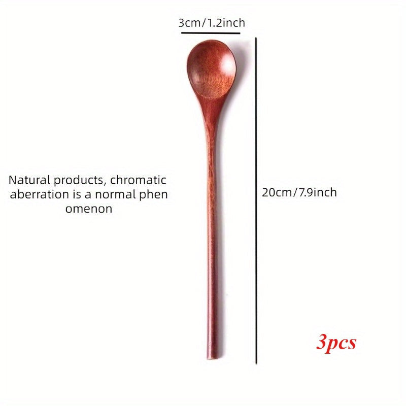 Three-piece Collection of Long-Handle Wooden Spoons - Ideal for Mixing Coffee, Tea, and Cooking