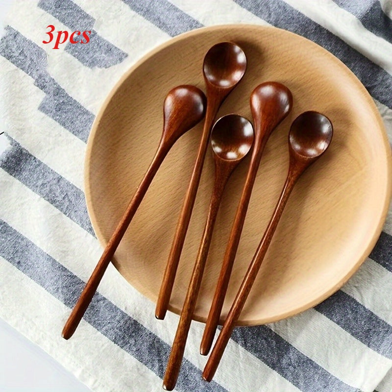 Three-piece Collection of Long-Handle Wooden Spoons - Ideal for Mixing Coffee, Tea, and Cooking