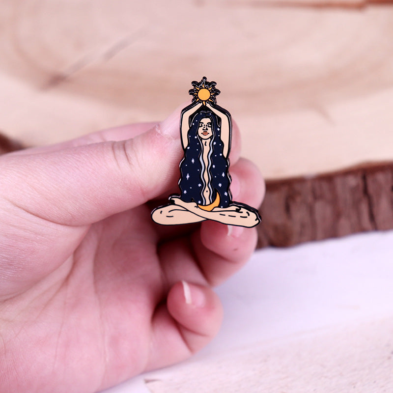 Vintage Sun and Moon Goddess Enamel Pin with Elegant Design, made of Unique Alloy Material. This Celestial Woman Brooch features intricate details and can be worn on Collars, Backpacks, Hats, and Coats. Eye-catching Fashion Badge that makes a perfect