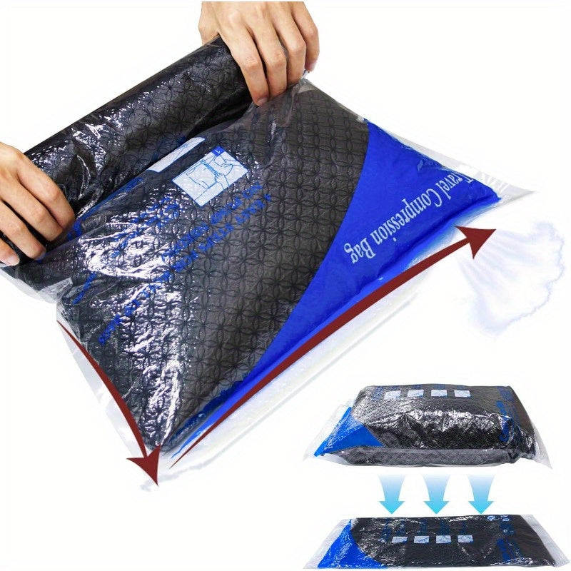 Set of 9 Vacuum Storage Bags with Manual Air Pump, includes 2 Extra Large, 3 Large, and 3 Medium bags. These airtight compression bags are perfect for saving space and securely storing clothes, pillows, blankets, bedding, and more. Made of durable