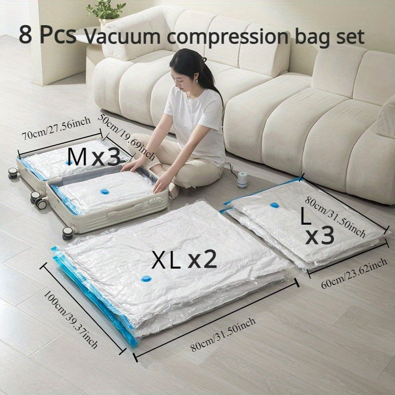 Set of 9 Vacuum Storage Bags with Manual Air Pump, includes 2 Extra Large, 3 Large, and 3 Medium bags. These airtight compression bags are perfect for saving space and securely storing clothes, pillows, blankets, bedding, and more. Made of durable