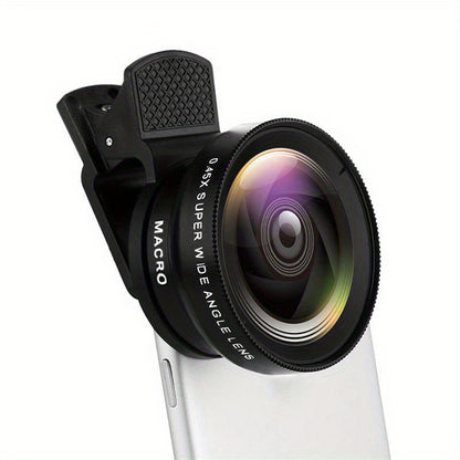 Universal clip-on phone lens kit with super wide angle and macro zoom lens, compatible with Four Thirds mount for enhanced photography.