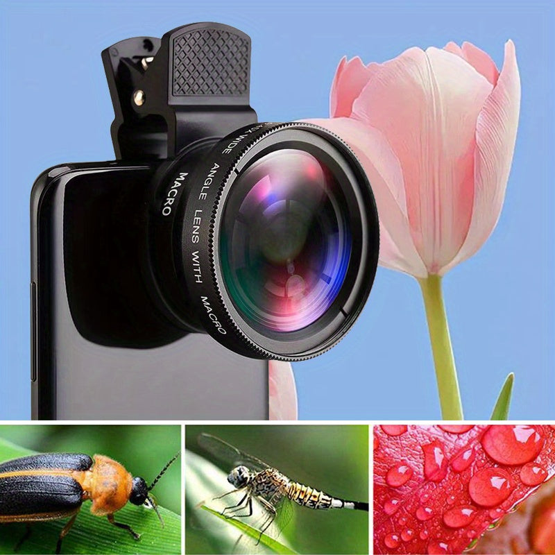 Universal clip-on phone lens kit with super wide angle and macro zoom lens, compatible with Four Thirds mount for enhanced photography.