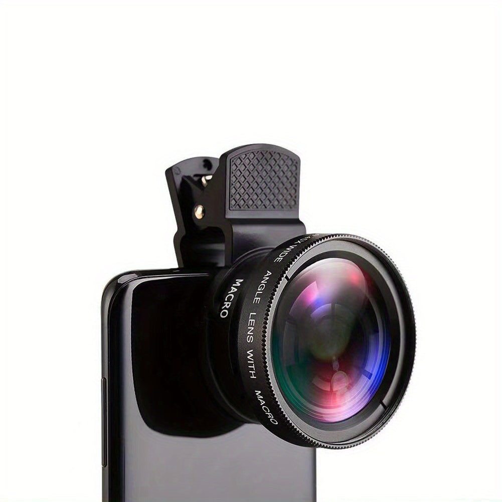 Universal clip-on phone lens kit with super wide angle and macro zoom lens, compatible with Four Thirds mount for enhanced photography.