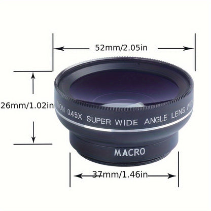 Universal clip-on phone lens kit with super wide angle and macro zoom lens, compatible with Four Thirds mount for enhanced photography.