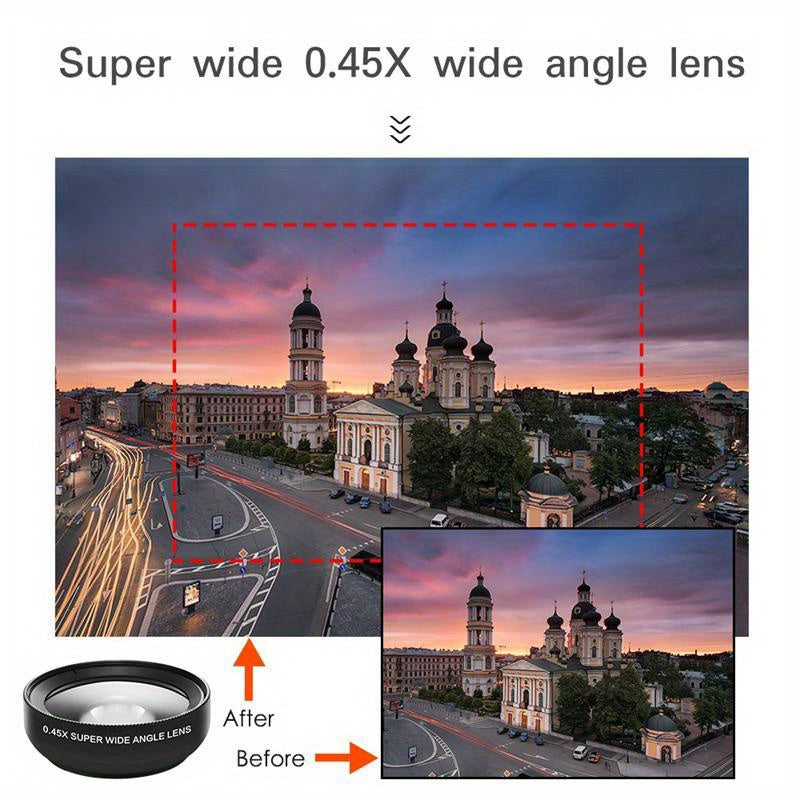 Universal clip-on phone lens kit with super wide angle and macro zoom lens, compatible with Four Thirds mount for enhanced photography.