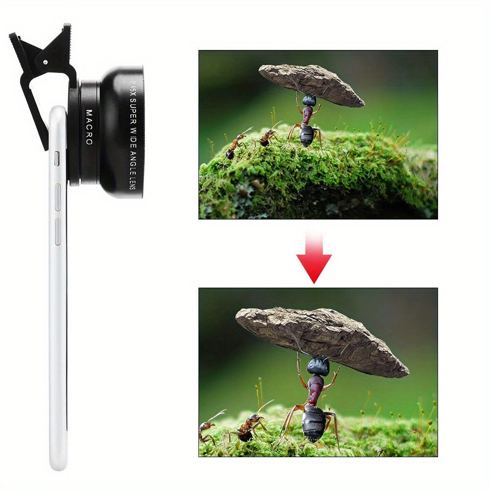 Universal clip-on phone lens kit with super wide angle and macro zoom lens, compatible with Four Thirds mount for enhanced photography.