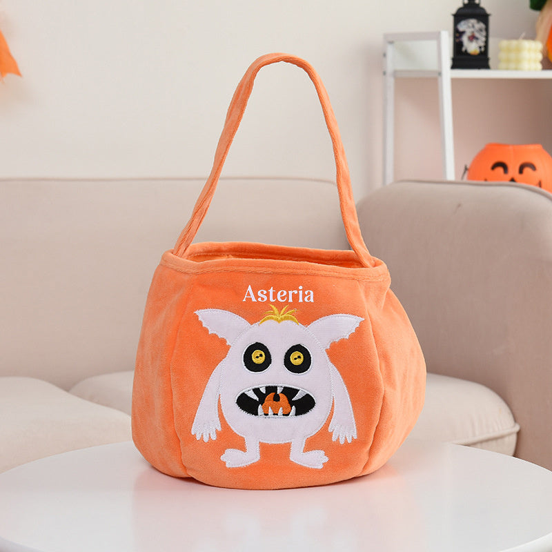 Adorable Halloween Embroidered Candy Bag with Customizable Design, Made of Polyester, Featuring Cute Pumpkin & Skeleton Design, Comes with Portable Shoulder Strap, Lightweight and Foldable for Easy Carry, Open Top for Quick Access, Easy to Clean with Wet