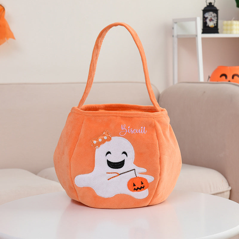 Adorable Halloween Embroidered Candy Bag with Customizable Design, Made of Polyester, Featuring Cute Pumpkin & Skeleton Design, Comes with Portable Shoulder Strap, Lightweight and Foldable for Easy Carry, Open Top for Quick Access, Easy to Clean with Wet