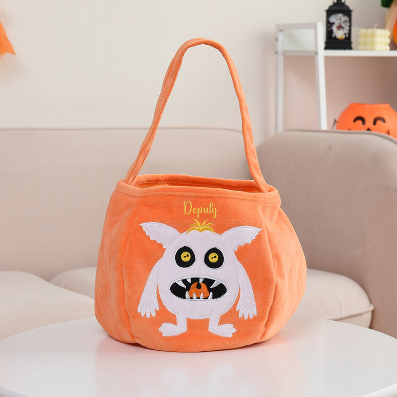 Adorable Halloween Embroidered Candy Bag with Customizable Design, Made of Polyester, Featuring Cute Pumpkin & Skeleton Design, Comes with Portable Shoulder Strap, Lightweight and Foldable for Easy Carry, Open Top for Quick Access, Easy to Clean with Wet