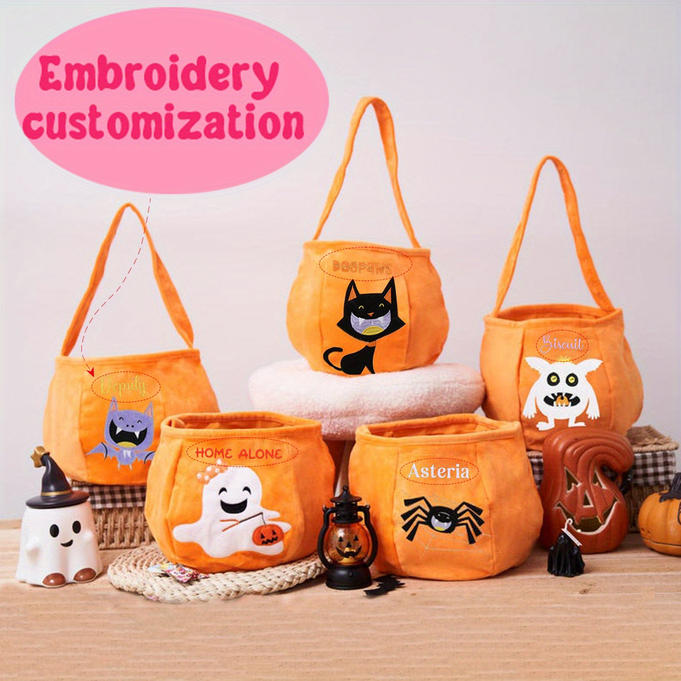 Adorable Halloween Embroidered Candy Bag with Customizable Design, Made of Polyester, Featuring Cute Pumpkin & Skeleton Design, Comes with Portable Shoulder Strap, Lightweight and Foldable for Easy Carry, Open Top for Quick Access, Easy to Clean with Wet