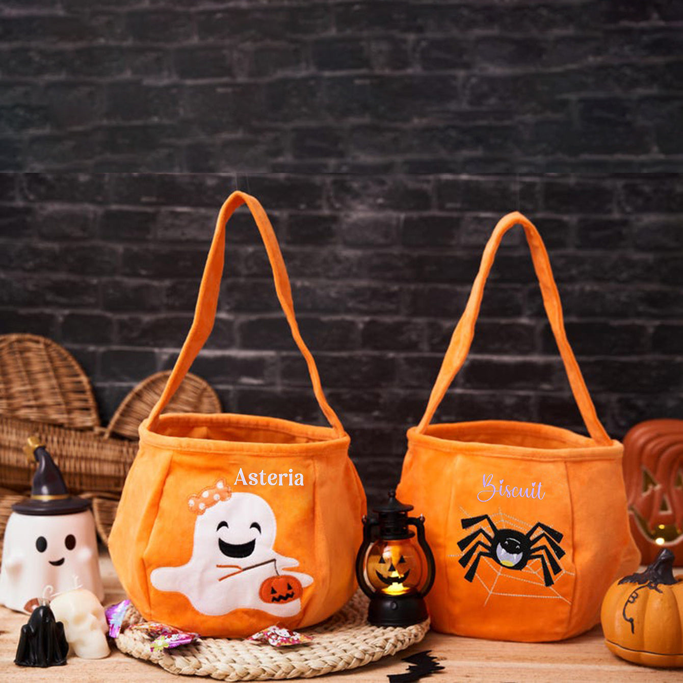 Adorable Halloween Embroidered Candy Bag with Customizable Design, Made of Polyester, Featuring Cute Pumpkin & Skeleton Design, Comes with Portable Shoulder Strap, Lightweight and Foldable for Easy Carry, Open Top for Quick Access, Easy to Clean with Wet