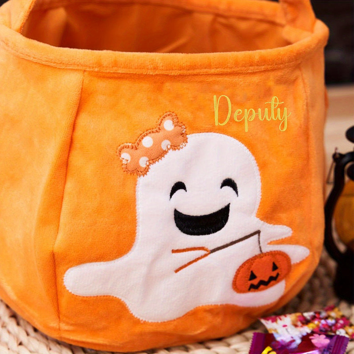 Adorable Halloween Embroidered Candy Bag with Customizable Design, Made of Polyester, Featuring Cute Pumpkin & Skeleton Design, Comes with Portable Shoulder Strap, Lightweight and Foldable for Easy Carry, Open Top for Quick Access, Easy to Clean with Wet