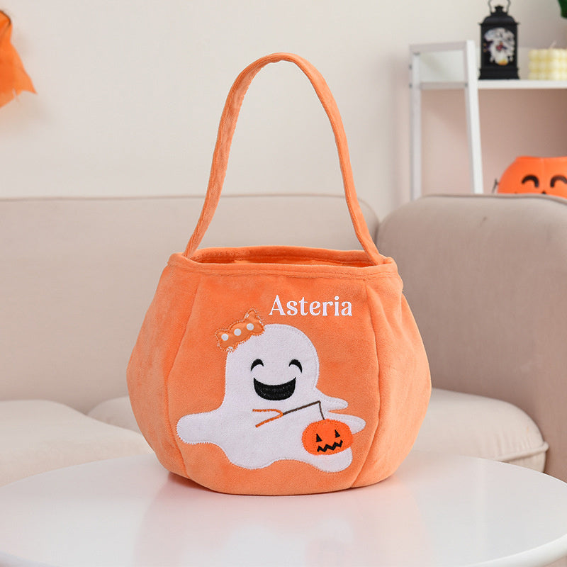 Adorable Halloween Embroidered Candy Bag with Customizable Design, Made of Polyester, Featuring Cute Pumpkin & Skeleton Design, Comes with Portable Shoulder Strap, Lightweight and Foldable for Easy Carry, Open Top for Quick Access, Easy to Clean with Wet