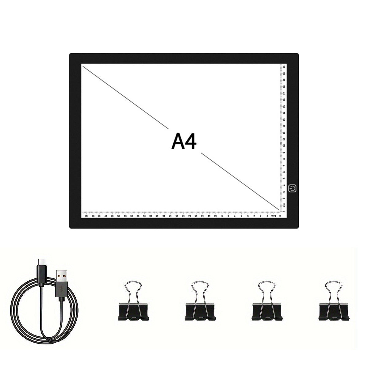 LED light pad for diamond painting with 3 brightness levels, USB cable, and 4 fasten clips. Great for sketching, animation, drawing, and diamond painting supplies.