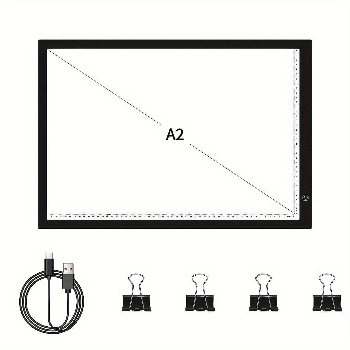 LED light pad for diamond painting with 3 brightness levels, USB cable, and 4 fasten clips. Great for sketching, animation, drawing, and diamond painting supplies.