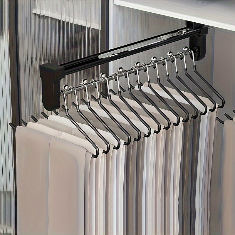 Telescopic Pants Hanger: Ushbu mustahkam metall ko'p funksiyali tashkilotchidan foydalanib, kiyimlaringizni tartibga soling - kostyumlar, jakkalar, bluzkalar va boshqalar uchun ideal. Shkaflarda va quritish tokchalarida joyni tejash uchun mukammal.