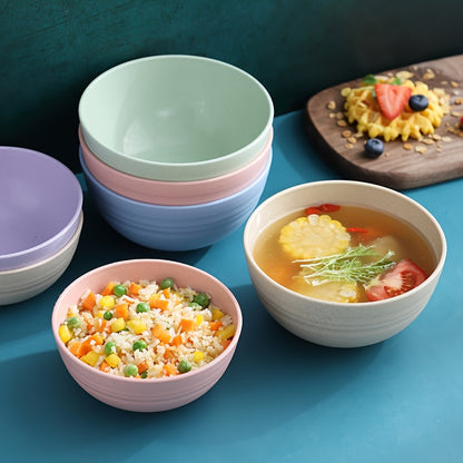 Set of 4 high-quality, unbreakable wheat straw bowls in pastel colors. Microwave and dishwasher safe, BPA-free, rust-resistant, ideal for home or office.