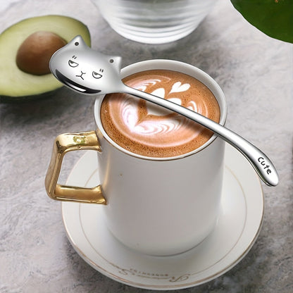 Long Tail Cat Stainless Steel Coffee Spoon featuring Cute Animal Print - Ideal for Coffee Enthusiasts