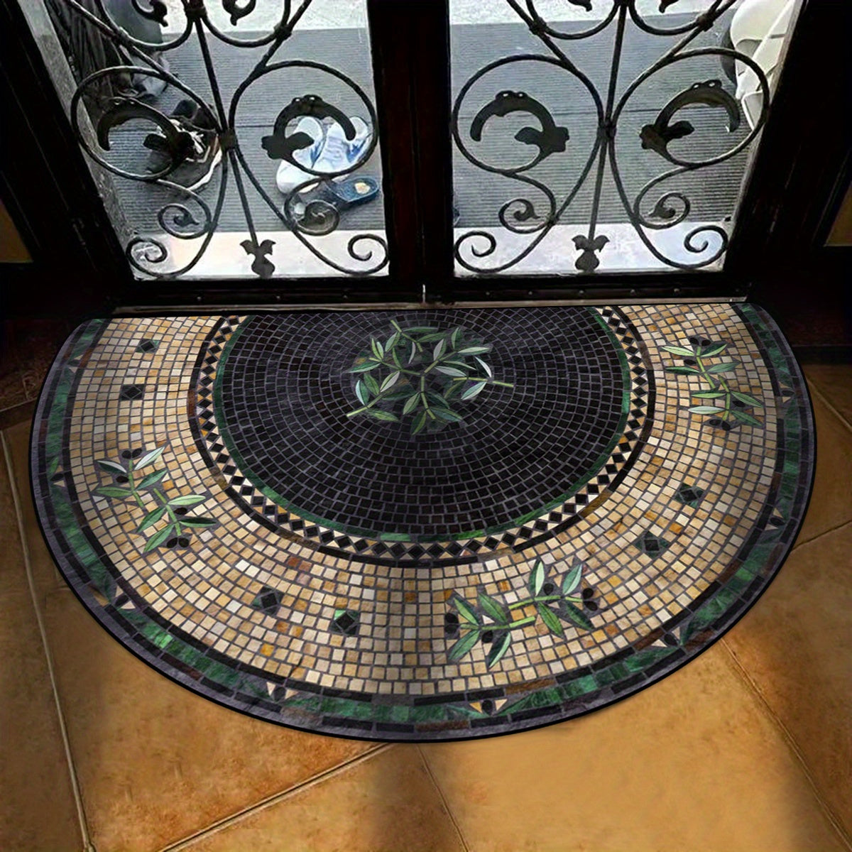 Welcome guests in style with our Retro Mosaic Tile Design Door Mat. This semicircular polyester mat is non-slip and dustproof, making it a great entry rug for any home. With a 6mm thickness, this elegant entrance floor carpet is perfect for adding a