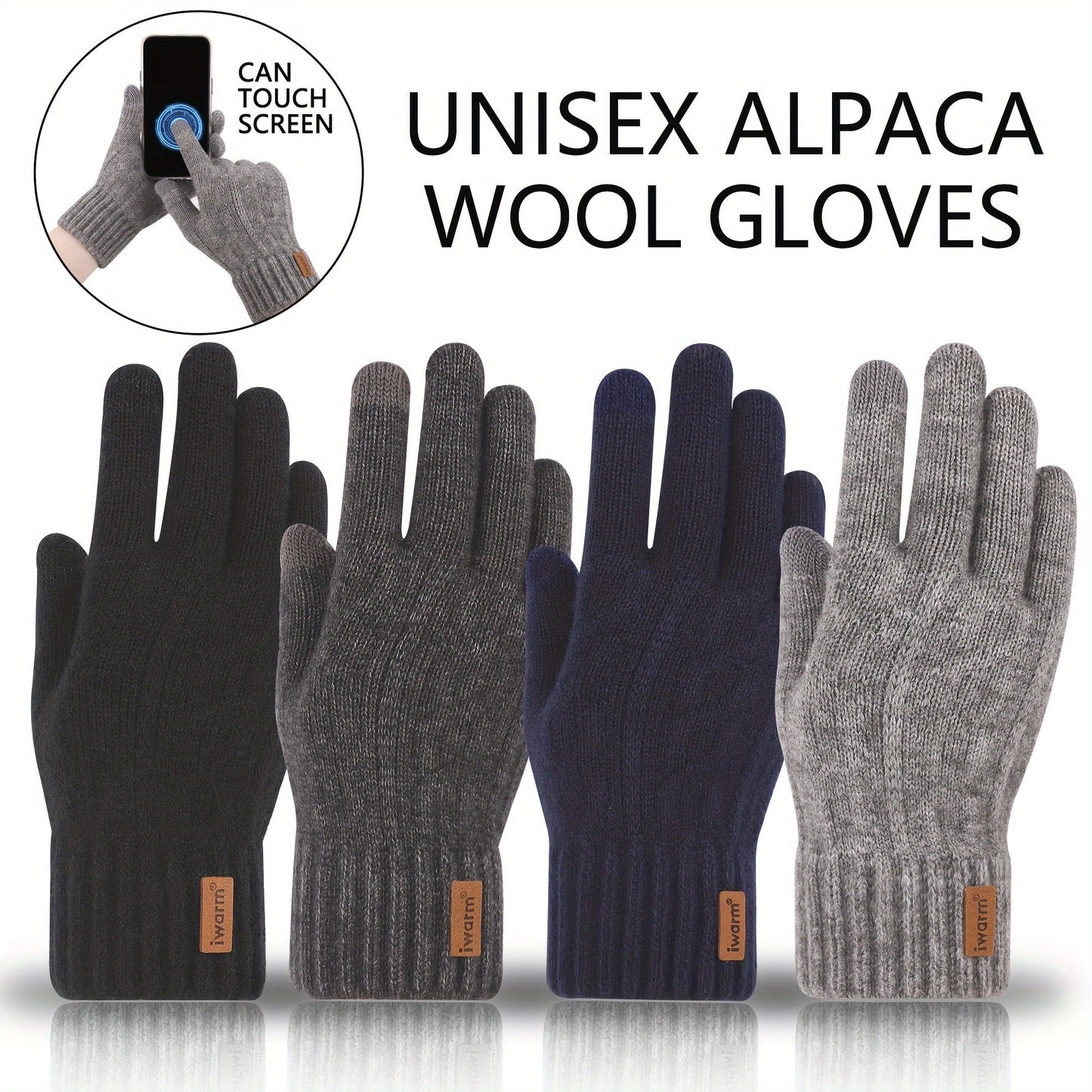 [Highly Rated] Touchscreen Gloves made from Alpaca Fleece - Keeps you warm and stylish with its ribbed knit design and faux leather patch. Perfect for winter as they are cold-resistant. Great for use in the office, while traveling, cycling, and attending