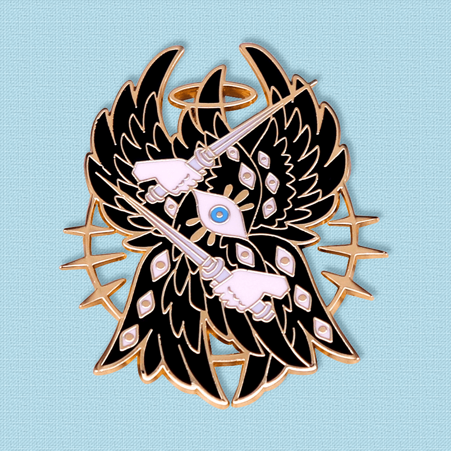 An elegant Gothic angel enamel pin with unique detailing, made of alloy in an irregular shape. This Christmas badge can be worn on collars, backpacks, hats, or coats as a striking accessory. A thoughtful and attention-grabbing gift option.