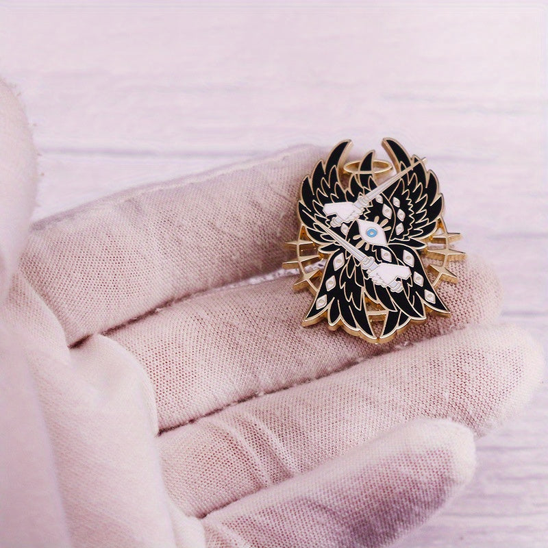 An elegant Gothic angel enamel pin with unique detailing, made of alloy in an irregular shape. This Christmas badge can be worn on collars, backpacks, hats, or coats as a striking accessory. A thoughtful and attention-grabbing gift option.