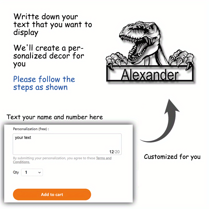 Настройте свой собственный знак из металла в виде Ти-Рекса с персонализированным именем - металлический декор, идеально подходящий для любой комнаты в вашем доме - Отлично подходит для фанатов динозавров, от 14 лет и старше!