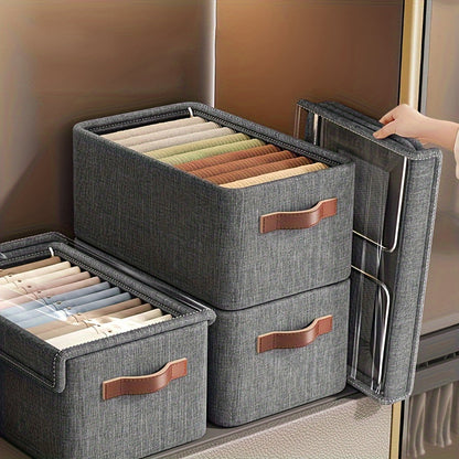 Steel framed storage bins that save space, perfect for organizing clothes and pants in wardrobes or dorms. Waterproof and sturdy construction ideal for under-bed storage.